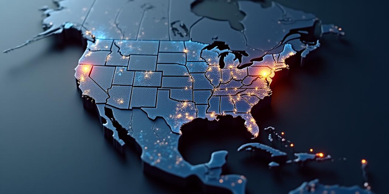 Map of service area covering the United States, Canada, and Mexico