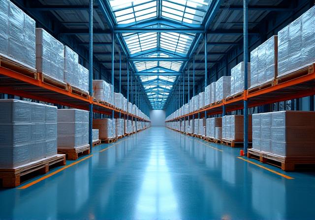 Organized logistics hub with neatly stacked pallets representing LTL efficiency