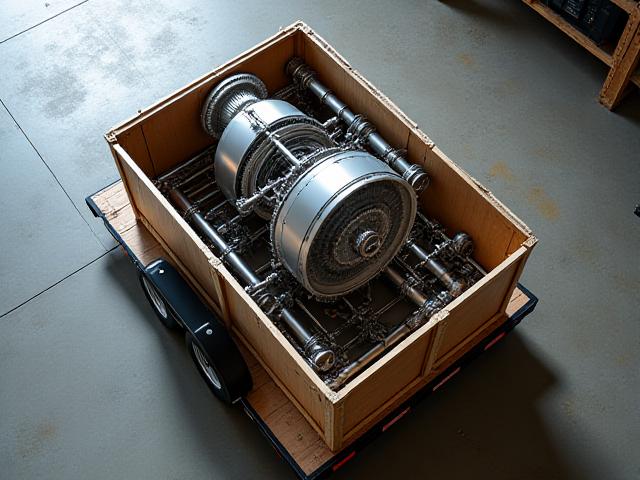Precision aerospace component in a secure shipping crate on a flatbed