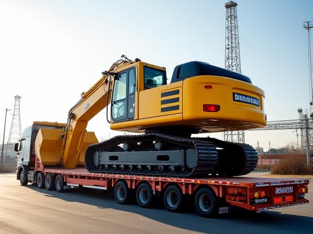 Heavy construction machinery on a removable gooseneck trailer