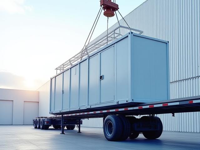 Data center equipment being loaded onto a heavy haul trailer