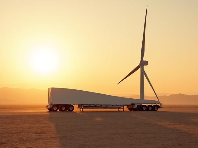 Wind turbine blade being transported on a specialized extendable trailer